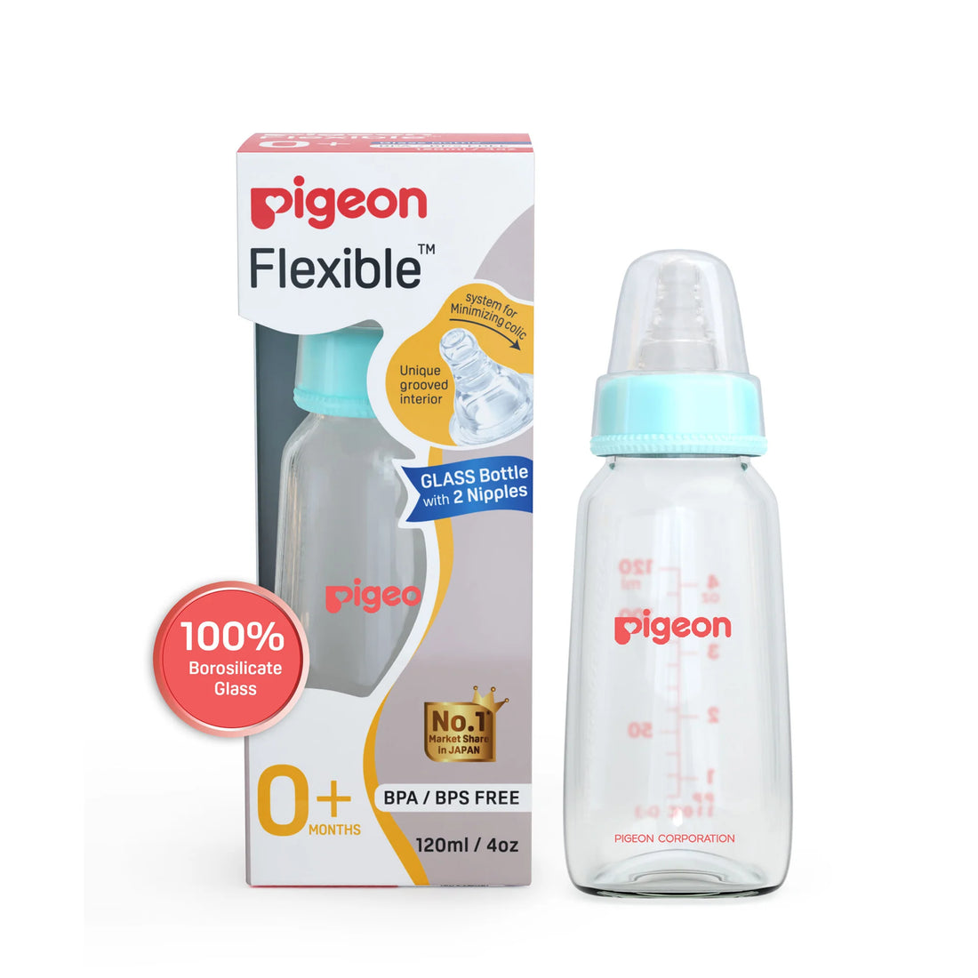 Glass Feeding Bottle 120ml with Add Nipple S